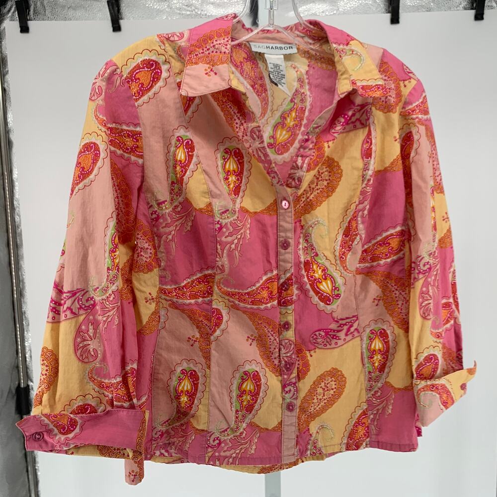 Sag Harbor button front shirt cotton paisley pink orange yellow women's size 10